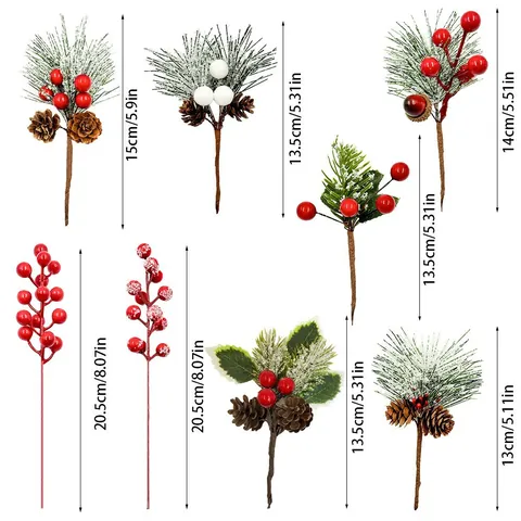 Artificial Christmas Stems Red Berry Pine Needle Cones Holiday Floral Picks Tree Decoration Winter Party Decor