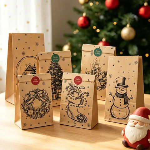 Christmas Kraft Paper Gift Bags Cartoon Santa Snowman Reindeer Pattern Holiday Present Packaging Paper Bags With Sealing Stickers