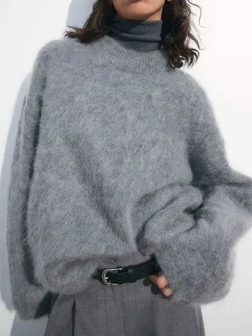 Maglione In Maglia Peluche Girocollo Da Donna Stile Mohair Ampio Retro Top Casual Tinta Unita