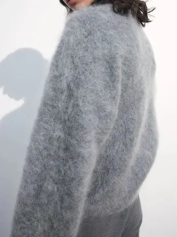 Maglione In Maglia Peluche Girocollo Da Donna Stile Mohair Ampio Retro Top Casual Tinta Unita