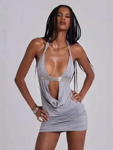 Women Sexy Deep V Halter Backless Mini Dress Ruched Hollow Out Bodycon Party Dress Polyester Sleeveless Solid Color Clubwear