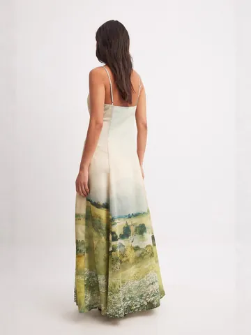 Abito Lungo Elegante Donna Scollo V Spalline Sottili Poliestere Stampa Pittura Olio Paesaggio Stile Pastorale Vacanza
