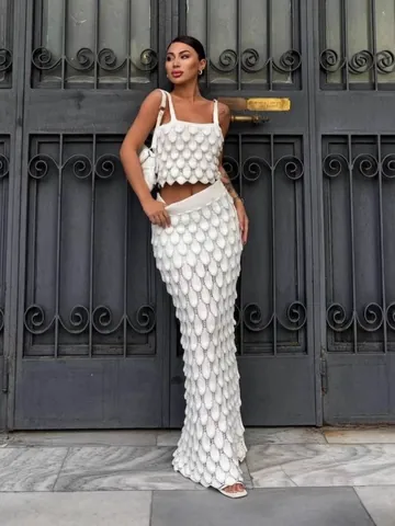 Dames Witte Gebreide Textuur Boven- en Onderkant Set Mouwloze Crop Cami en Maxi-rok met Hoge Split Vakantie Strand Outfit