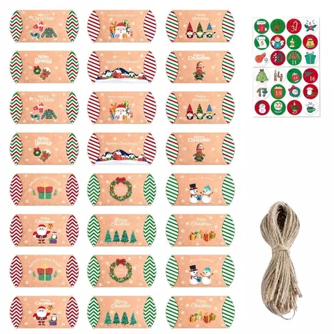24 Stück DIY Weihnachten Adventskalender Kraftpapier Geschenkbox Set Mit Aufklebern Seilen Kissen Süßigkeitenboxen Für Party Deko