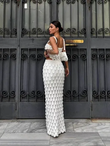 Dames Witte Gebreide Textuur Boven- en Onderkant Set Mouwloze Crop Cami en Maxi-rok met Hoge Split Vakantie Strand Outfit