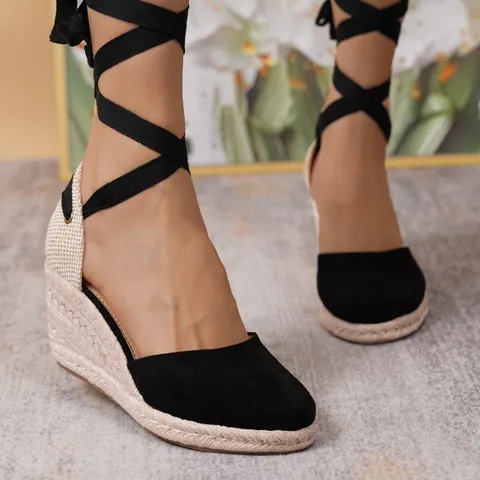 Damen Espadrilles Keilsandaletten Wildlederimitat Bohemian Schnürung Plateau Hoher Absatz Übergröße Sommer Urlaub Strand Schuhe