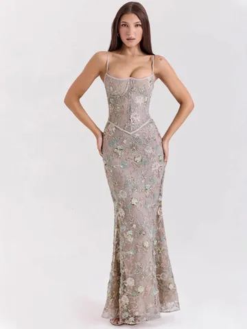 Women Sexy Spaghetti Strap Floral Pattern Corset Maxi Dress Elegant Backless Fishbone Mesh Bodycon Evening Long Dress