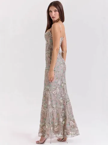 Women Sexy Spaghetti Strap Floral Pattern Corset Maxi Dress Elegant Backless Fishbone Mesh Bodycon Evening Long Dress