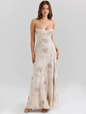 Occident Women Sexy Slim Fit Jacquard Floral Maxi Dress Halter V-Neck Spaghetti Strap Backless Lace-up Party Dress