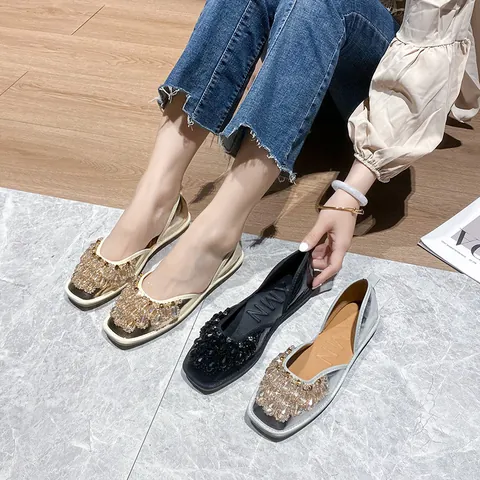 Französischer Stil Damen Strass Flache Schuhe Eckige Zehen D'Orsay Sandalen Elegant Büro Alltag Mikrofaser Party Halbschuhe Für Frauen