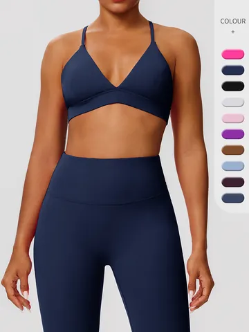 Women Sexy V-Neck Sports Bra Crisscross Back Naked Feeling Yoga Top High Elastic Quick Dry Fitness Workout Gym Top
