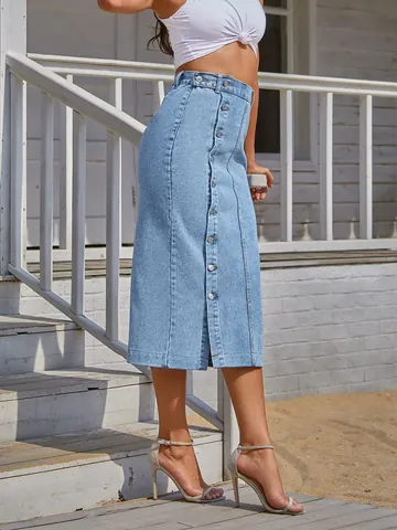 Women High Waist Slit Denim Midi Skirt Single Breasted Washed Cotton Casual Long Jean Skirt With Cooling Technology