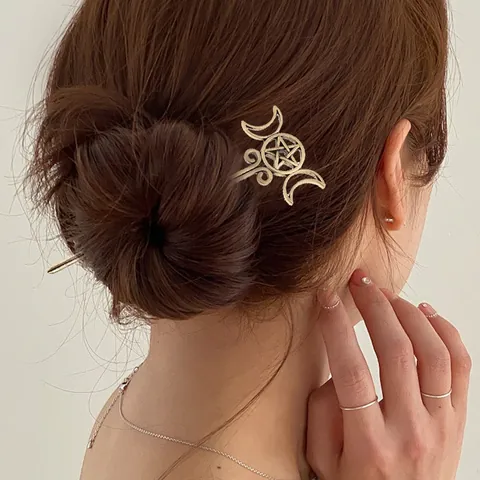 Vintage Alloy Triple Moon Pentagram Hair Stick Mystical Hollow Star Moon Hairpin For Women Gothic Hair Accessories