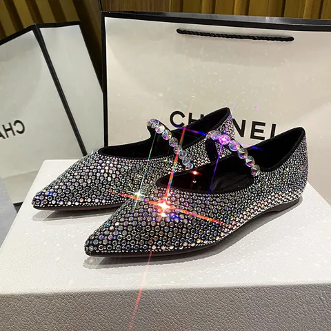 Damen Strass Perlen Mary Jane Ballerinas Spitze Zehen Glitzernde Mikrofaser Gummisohle Mode Hochzeit Party Schuhe