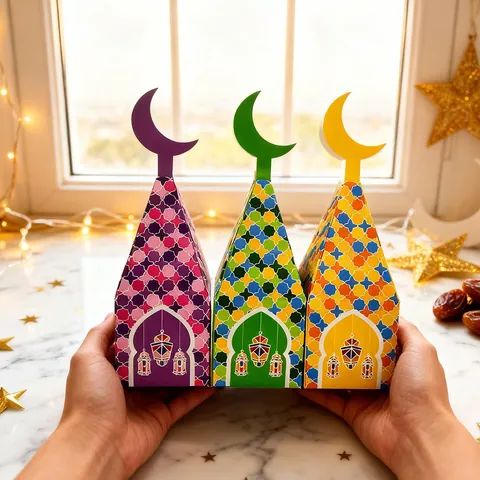 Creative Moon Candy Boxes Ramadan Eid Mubarak Party Favors Gift Packaging Mosque Shape Mosaic Pattern Cardboard Gift Boxes