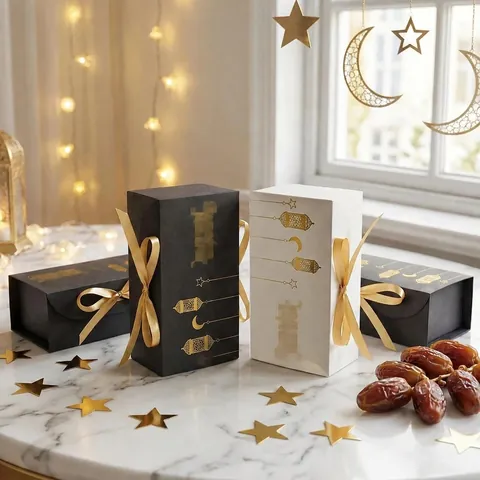 Cajas de Regalo Ramadan Eid Bronceado Blanco Negro Con Cintas Doradas para Empaque de Dulces y Recuerdos de Fiesta