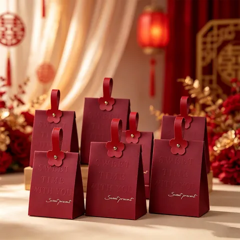 Elegant Wine Red Handheld Wedding Candy Box European Style Party Favor Gift Bag With Leather Handle Flower Decoration Embossed Letters