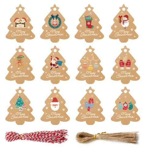 Juego de Etiquetas de Regalo de Papel Kraft de Navidad con Cuerdas de Cáñamo Etiquetas Colgantes en Forma de Árbol Vintage para Decoración de Fiesta