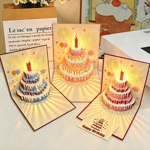 Biglietto d'Auguri Compleanno 3D Pop-Up Con Musica E Luce LED Biglietto Fatto A Mano Torta Di Carta Con Busta Per Bambini Amici