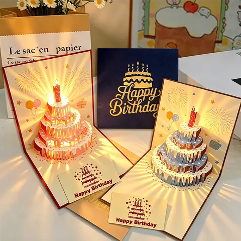 Biglietto d'Auguri Compleanno 3D Pop-Up Con Musica E Luce LED Biglietto Fatto A Mano Torta Di Carta Con Busta Per Bambini Amici