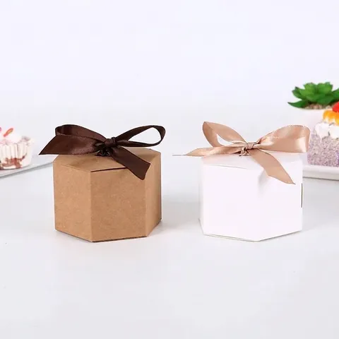 Hexagonal White Kraft Paper Gift Box With Satin Ribbon Bow For Wedding Party Bakery Candy Cookie Packing Foldable Treat Box