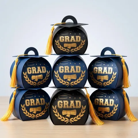 3D Graduation Cap Candy Boxes With Yellow Tassel Gold Stamping Cardboard Favor Gift Box For Graduation Party Decorations