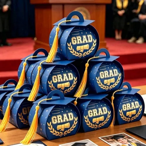 3D Graduation Cap Candy Boxes With Yellow Tassel Gold Stamping Cardboard Favor Gift Box For Graduation Party Decorations