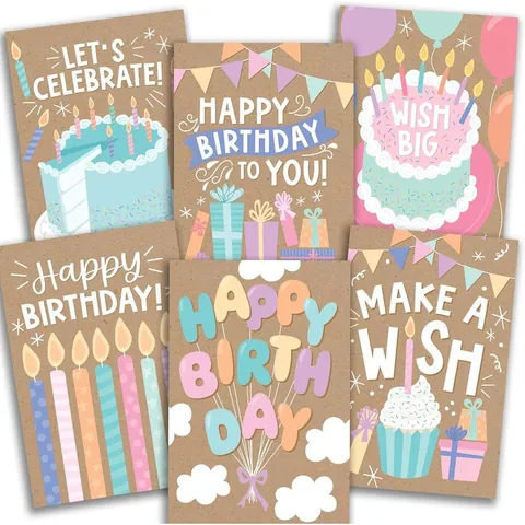 Cartoon Birthday Invitation Greeting Cards With Envelopes Kraft Paper Colorful Cake Balloon Pattern For Kids Party Cards