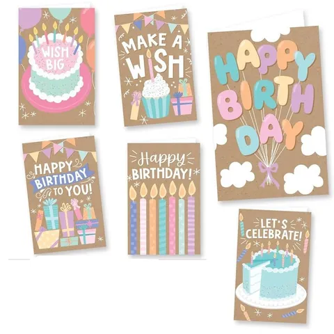 Cartoon Birthday Invitation Greeting Cards With Envelopes Kraft Paper Colorful Cake Balloon Pattern For Kids Party Cards