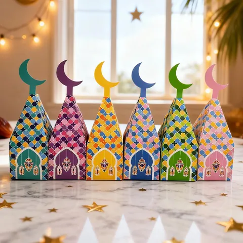 Creative Moon Candy Boxes Ramadan Eid Mubarak Party Favors Gift Packaging Mosque Shape Mosaic Pattern Cardboard Gift Boxes