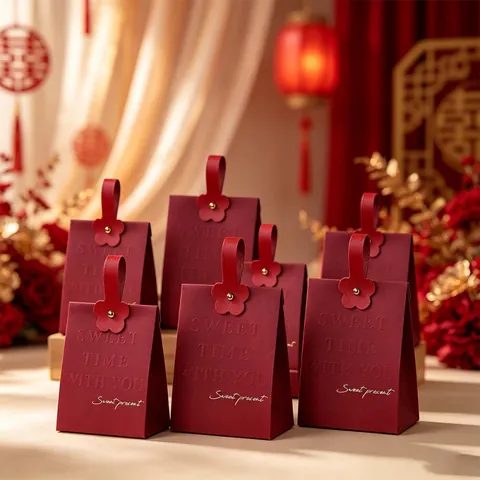 Eleganter Weinroter Tragbarer Hochzeits-Süßigkeitenbox Europäischer Stil Party Favor Geschenktüte Mit Ledergriff Blumendekoration