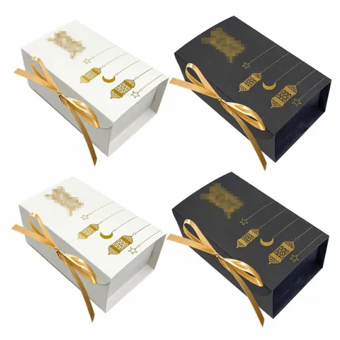 Black White Bronzing Moon Star Ramadan Eid Gift Boxes With Gold Ribbons For Party Candy Souvenir Souvenirs Packaging