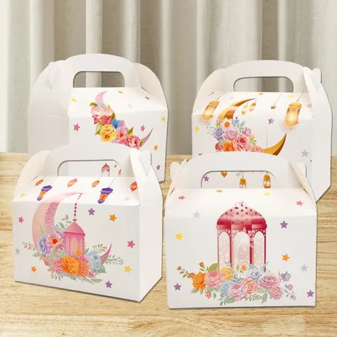 Middle Eastern Eid Ramadan Mubarak Gift Boxes White Cardboard Candy Cookie Snack Packaging Box With Heart Handle Floral Moon Stars Lantern Pattern Party Favors