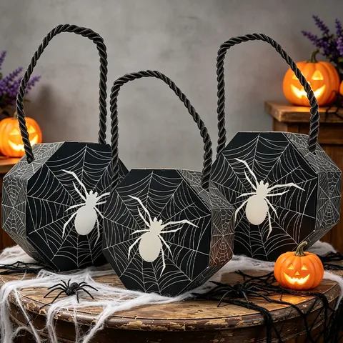 Halloween Spider Web Candy Treat Bag Portable 3D Octagonal Cardboard Gift Box For Kids Party Trick Or Treat Decoration