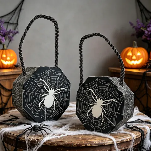 Halloween Spider Web Candy Treat Bag Portable 3D Octagonal Cardboard Gift Box For Kids Party Trick Or Treat Decoration