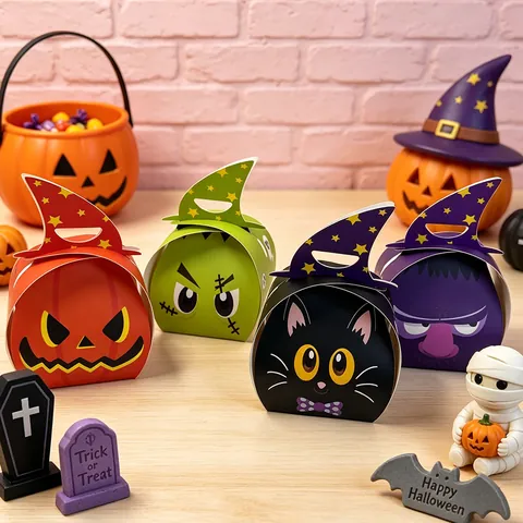 Cajas de Caramelos de Halloween de Cartón Con Diseño de Calabaza y Gato Negro Asa de Sombrero de Bruja para Regalos de Fiesta Truco o Trato