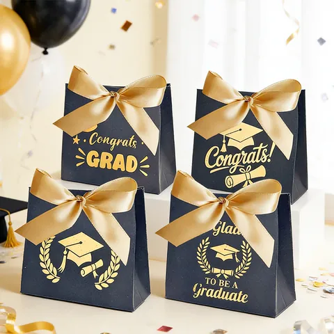 Congrats Grad Afstuderen Cadeaudozen Marineblauw Zwart Goudstempel Party Tassen Met Strik Voor Afgestudeerden Snoepverpakking