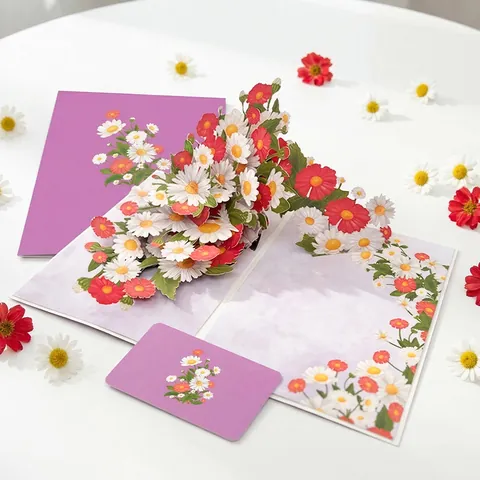 Carte de Vœux 3D Pop Up Marguerite Fait à la Main Sculpture sur Papier Bouquet de Fleurs Avec Enveloppe Violette pour Anniversaire Fête des Mères