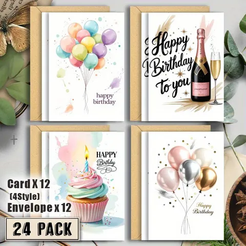 Watercolor Birthday Greeting Card Set With Envelopes Colorful Balloons Cake Champagne Hand Painted Style For Friends Family Celebration