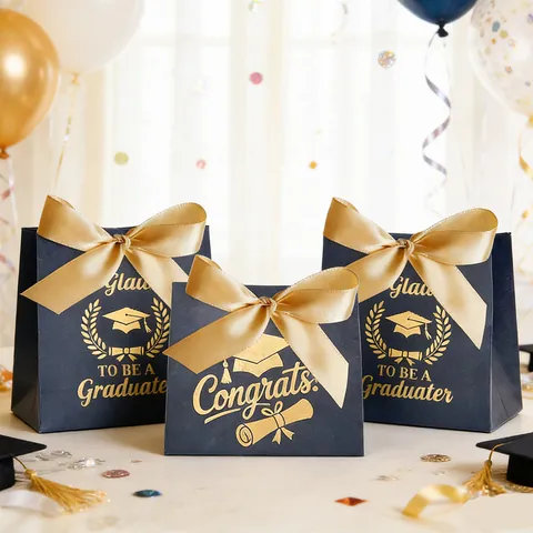 Congrats Grad Afstuderen Cadeaudozen Marineblauw Zwart Goudstempel Party Tassen Met Strik Voor Afgestudeerden Snoepverpakking
