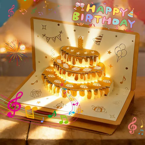 Tarjeta de Felicitación de Cumpleaños 3D Pop Up Pastel de Pan de Oro Sobre de Dinero Regalo de Lujo Con Música y Luz