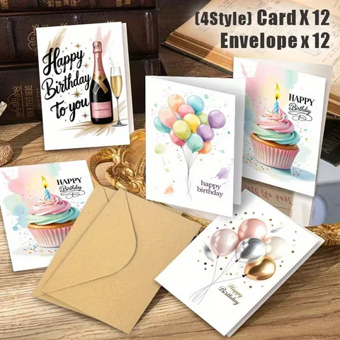 Watercolor Birthday Greeting Card Set With Envelopes Colorful Balloons Cake Champagne Hand Painted Style For Friends Family Celebration