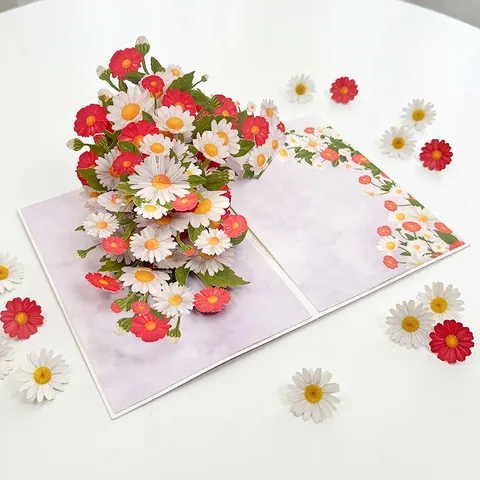 Carte de Vœux 3D Pop Up Marguerite Fait à la Main Sculpture sur Papier Bouquet de Fleurs Avec Enveloppe Violette pour Anniversaire Fête des Mères