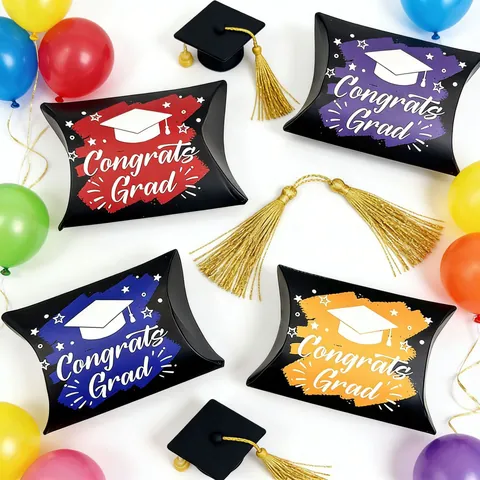 Graduation Party Candy Boxes Pillow Shape Black Cardboard Gift Wrapping Box With Congrats Grad Doctor Cap Patterns