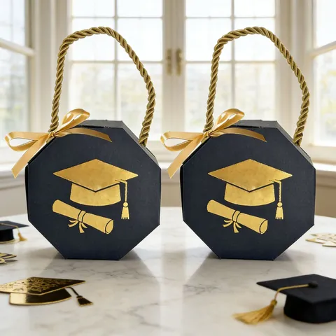 Graduation Party Favor Boxes Navy Blue Gold Foil Doctoral Hat Paper Candy Bag With Ribbon Handle Graduation Ceremony Gift Boxes
