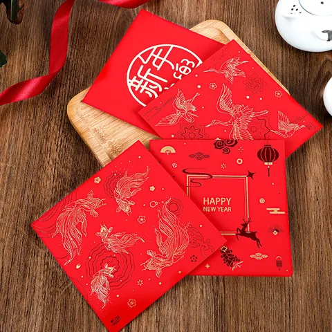 Biglietto d'Auguri Tradizionale Cinese con Stampa a Caldo in Oro Cartoncino Rosso Quadrato per Capodanno Festa di Metà Autunno Natale