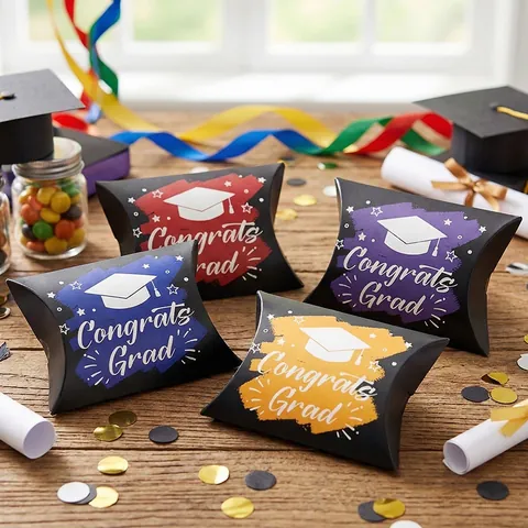 Graduation Party Candy Boxes Pillow Shape Black Cardboard Gift Wrapping Box With Congrats Grad Doctor Cap Patterns