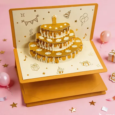 Tarjeta de Felicitación de Cumpleaños 3D Pop Up Pastel de Pan de Oro Sobre de Dinero Regalo de Lujo Con Música y Luz