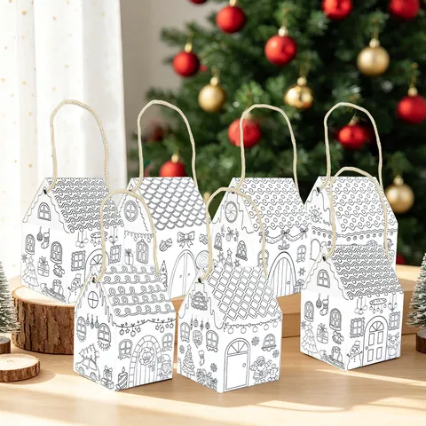 Cajas de Regalo de Casa de Navidad Cajas de Embalaje de Caramelos de Casa de Jengibre Para Fiesta DIY Doodle Cajas de Regalo Con Cuerda y Etiquetas