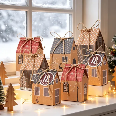 Scatole Regalo di Natale a Forma di Casa Scatola di Caramelle in Carta Kraft Con Etichette Numeriche in Corda di Canapa Scatole Calendario Avvento per Decorazione Festa